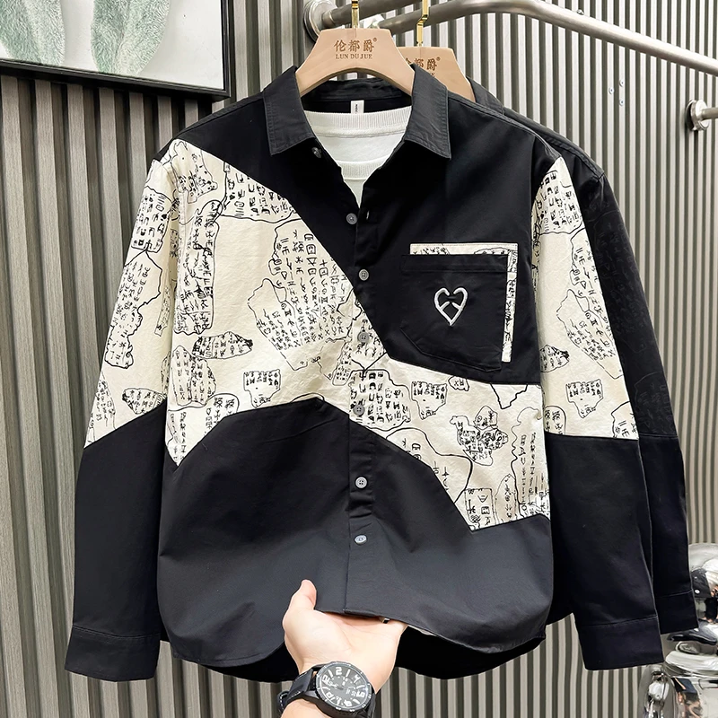 春秋新款日系潮流拼接长袖衬衫男士时尚百搭文艺休闲宽松上衣外套