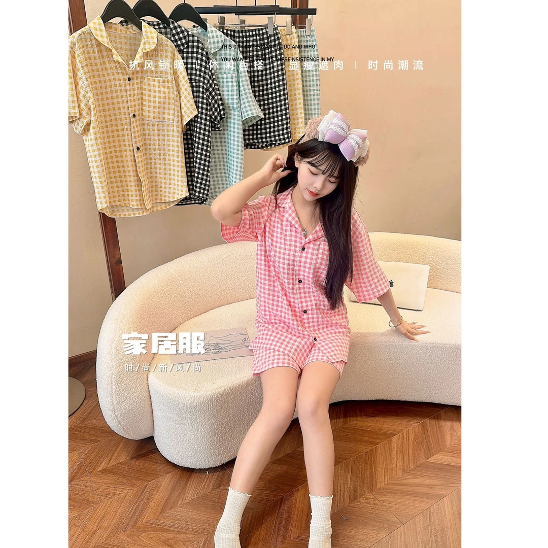 【粉丝专享】格子套装女小清新短裤短袖两件套家居服起居服套装0122