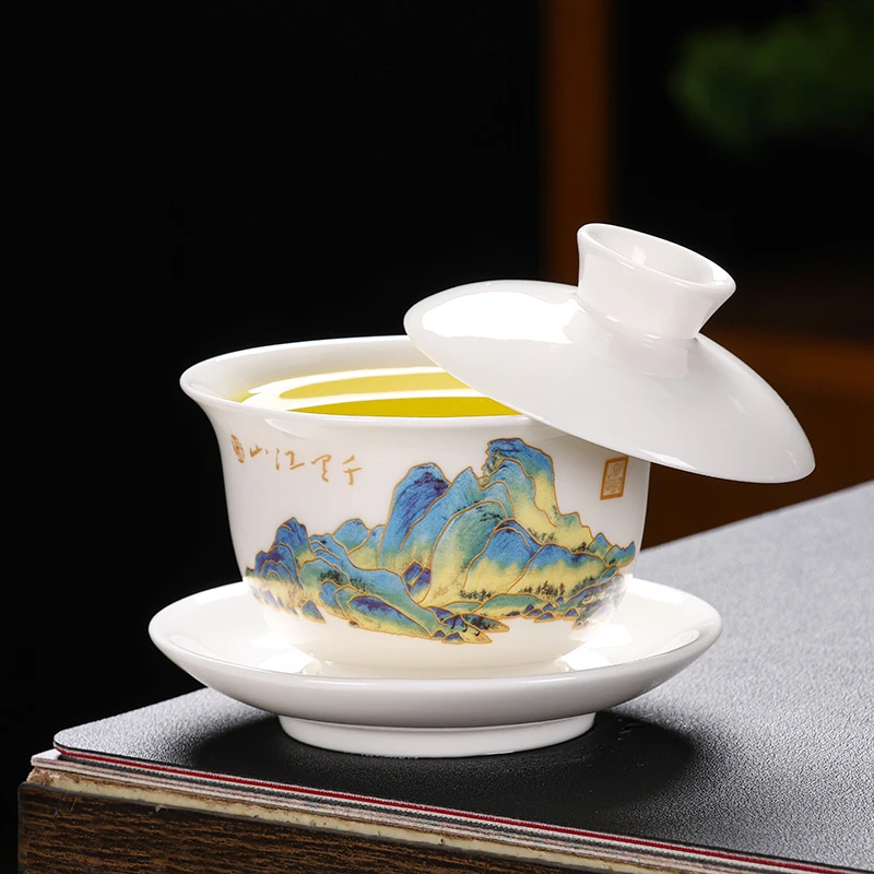 可悬停羊脂玉瓷三才盖碗中式简约白瓷茶道盖碗功夫茶具瓷盖碗