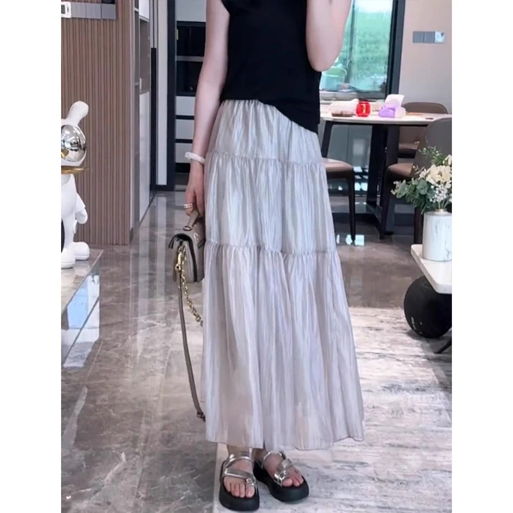 【现货】法式仙气飘飘微皱A字半身裙夏季2025新款轻盈柔软长蛋糕裙