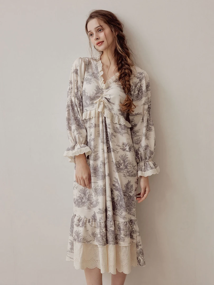 延吉成宝【韩国睡衣】Lunaluz露娜家～高端弹力厚款长袖甜美华丽油画