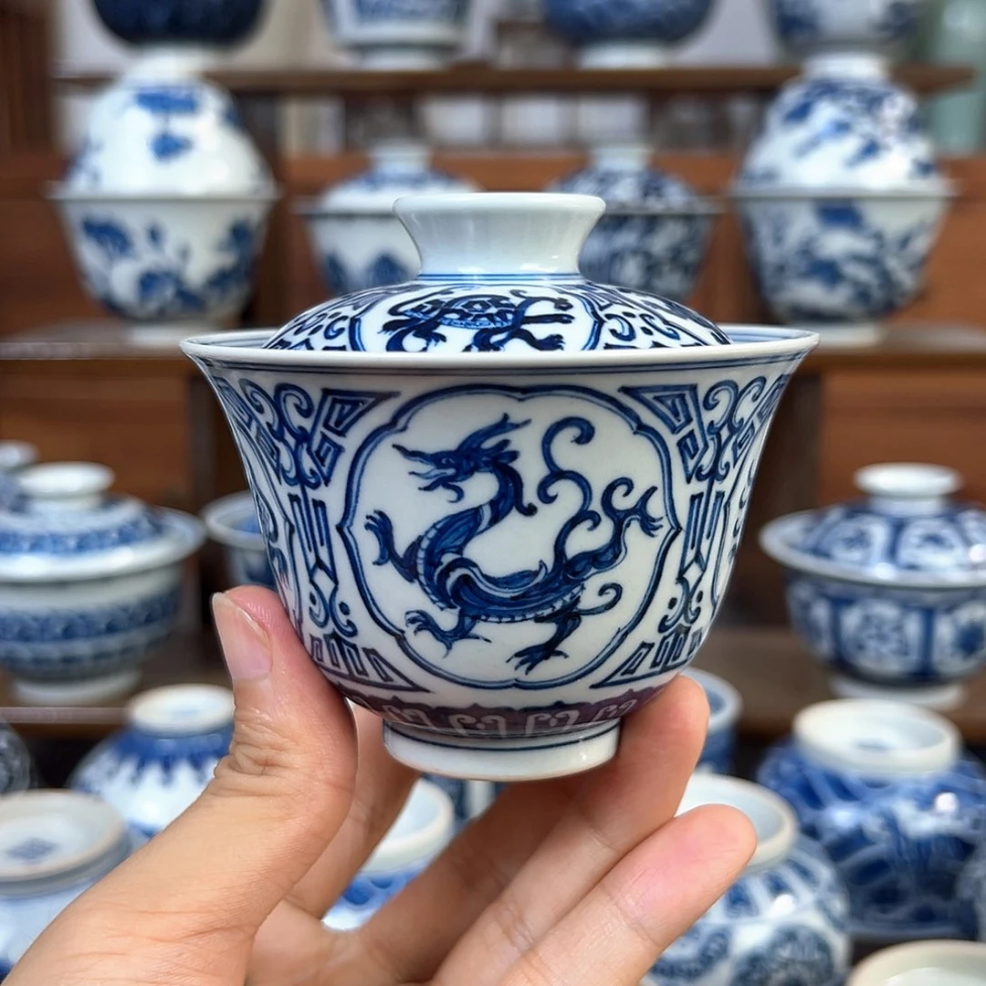 青花四大神兽盖碗