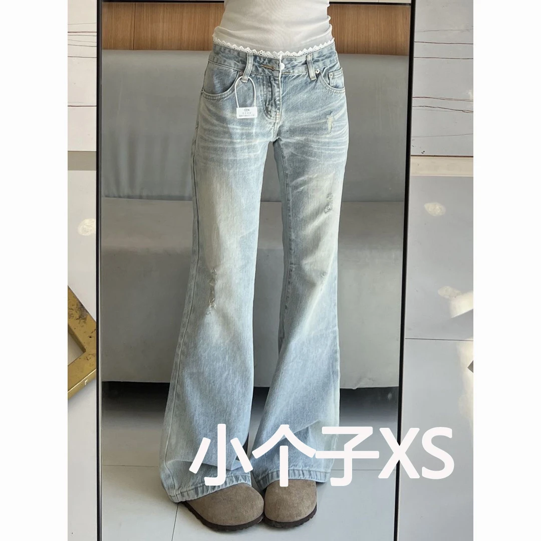 设计感蕾丝拼接复古小个子浅色微喇水洗牛仔裤女低腰显瘦喇叭长裤