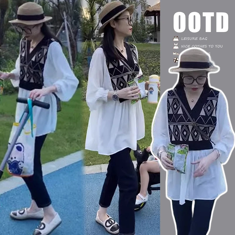 早春孕妇装2025年新款韩货v领假两件长袖衬衫法式设计感上衣格子