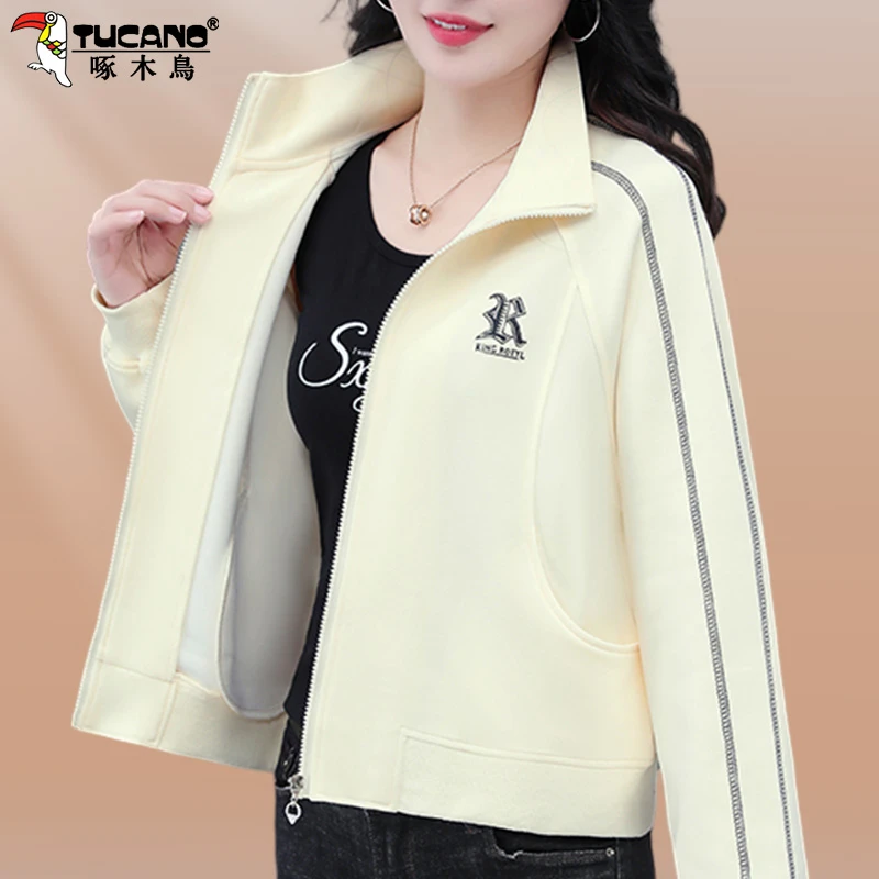 啄木鸟休闲大码外套女春秋新款卫衣时尚洋气小个子立领短款上衣