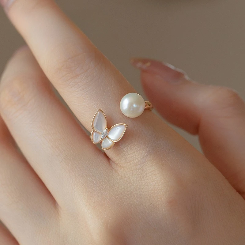 天然珍珠蝴蝶戒指女开口可调节食指指环百搭小众设计感高级手饰品