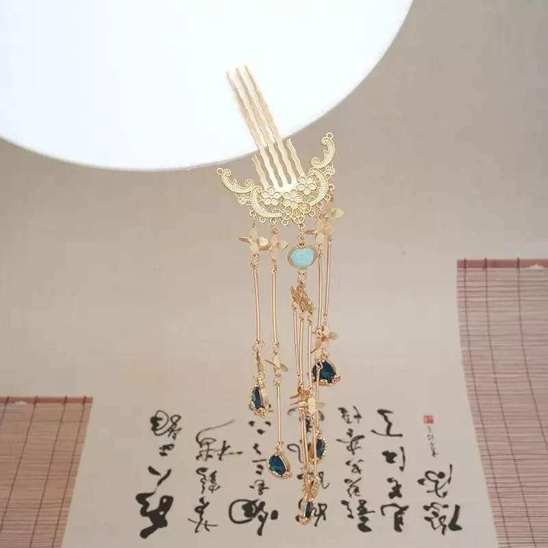 两只唐风绿色长流苏发梳。前尘梦古风汉服配饰