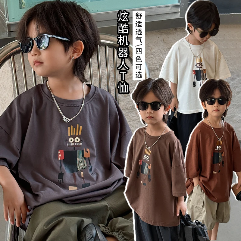 《夏新款》TZ73韩版中大童机器人印花T恤2025夏男女童纯棉卡通短袖