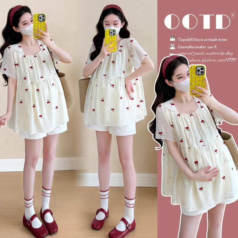 【漆梦】孕妇上衣夏季短袖方领雪纺洋气遮孕肚樱桃刺绣娃娃衫套装