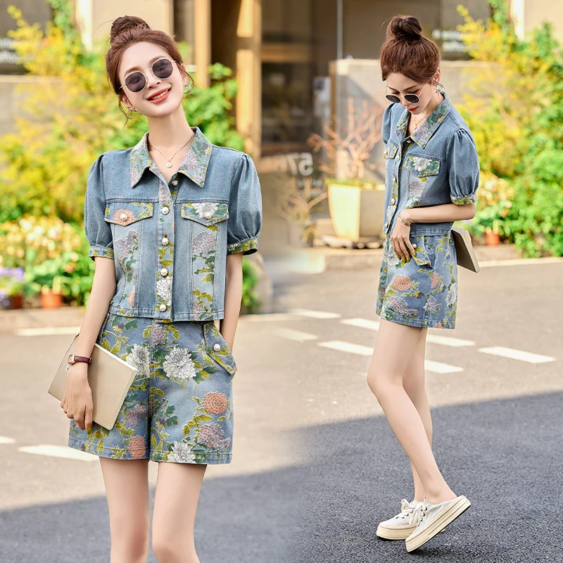 复古印花牛仔套装女2025夏季新款高级感小个子洋气减龄短裤两件套