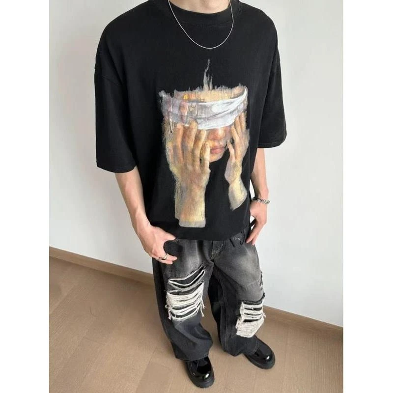 新款美式复古蒙脸短袖t恤cleanfit水洗做旧vintage宽松情侣上衣潮