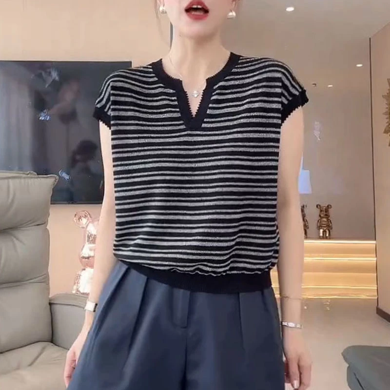 爆款洋气条纹短袖针织衫2025夏季新款时尚宽松百搭休闲V领短体恤