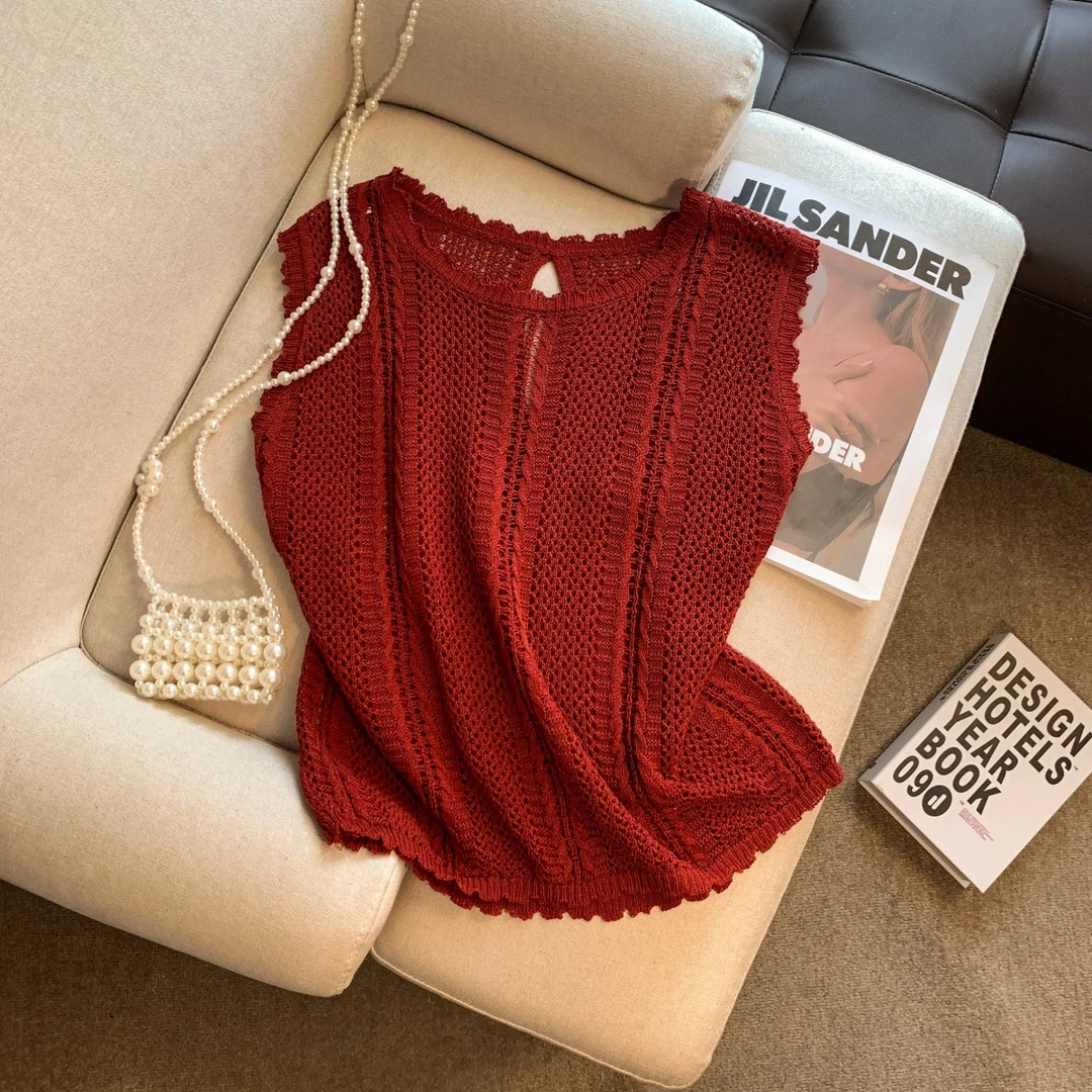 法式设计感镂空无袖背心女2025新款夏季外穿微透露背辣妹穿搭上衣