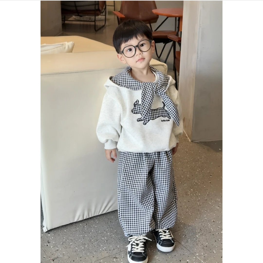 儿童2025秋季卫衣套装新款格子卡通小修狗卫衣经典黑白格套装YQ