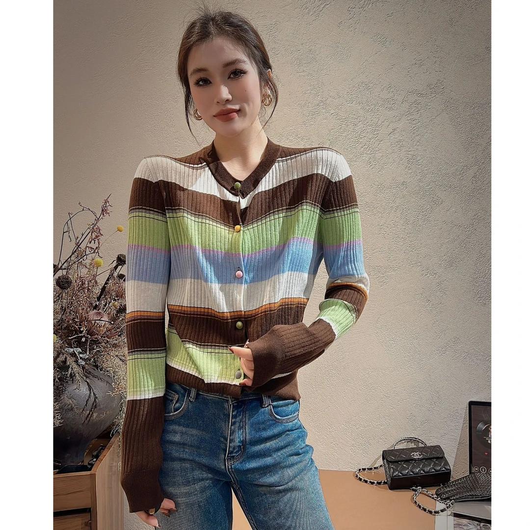 【NO退NO换 不回娘家】条纹撞色圆领针织开衫 988170