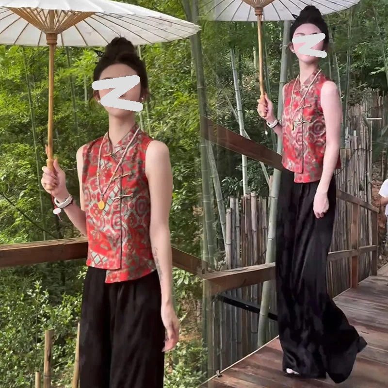 【有运费险】气质新中式立领盘扣无袖印花上衣女衬衫2025夏季新款