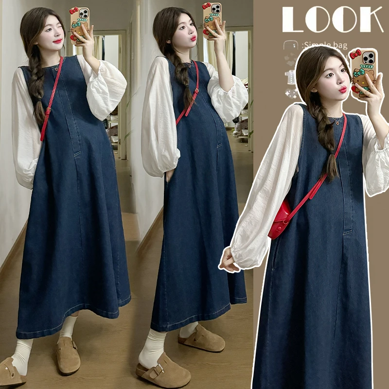 韩版孕妇秋季简约减龄宽松圆领套头中长裙牛仔背带裙外出穿搭套装