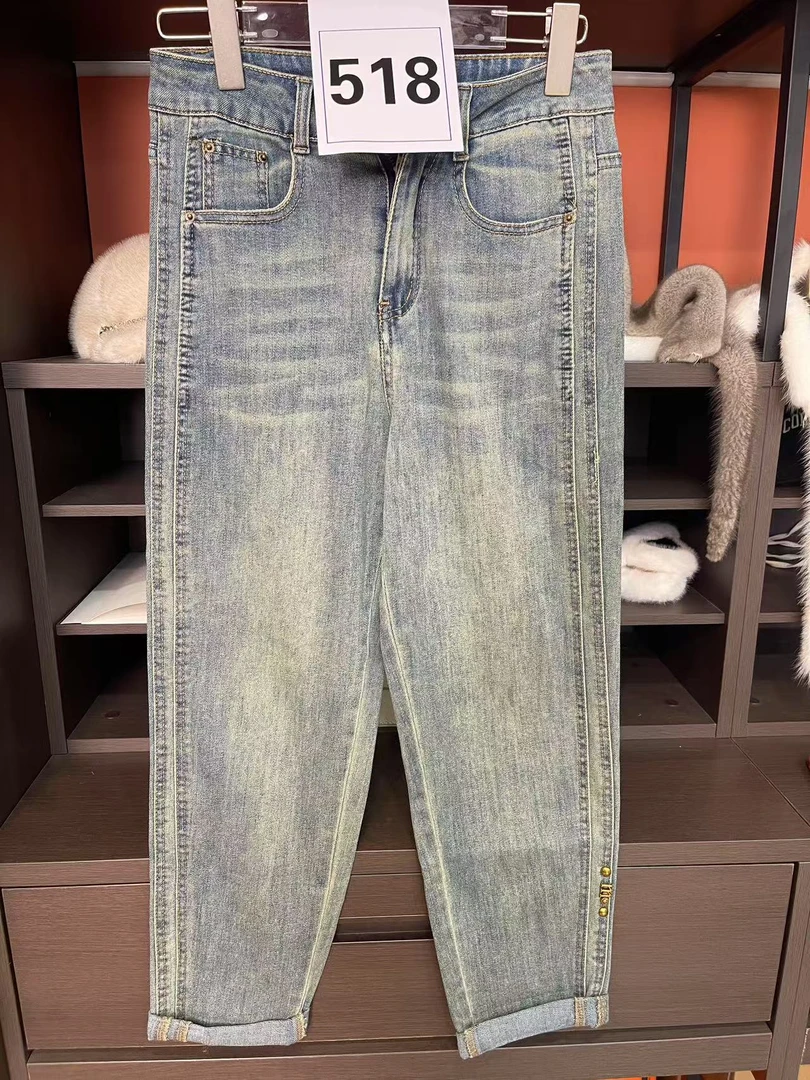 518新中式刺绣高腰直筒九分裤牛仔裤秋季长裤直筒裤阔腿裤裤子