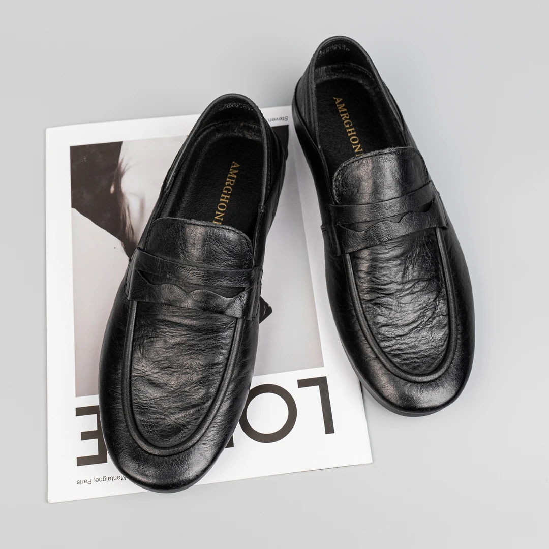 一脚蹬平跟头层牛皮透气豆豆鞋乐福鞋皮鞋商务潮鞋夏季春季25009