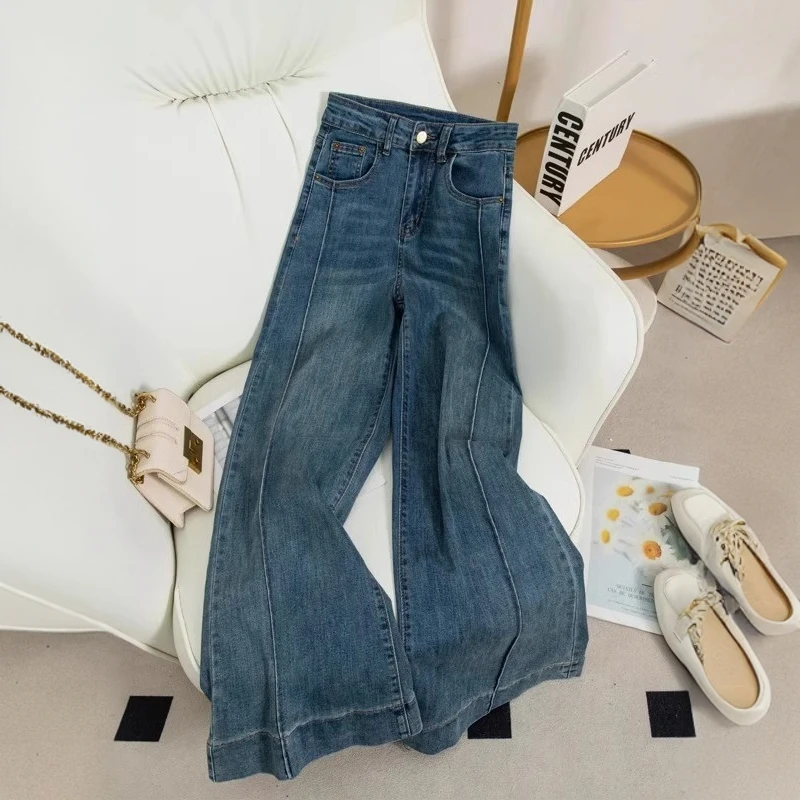 复古蓝色直筒牛仔裤女2025春秋新款高腰显瘦设计感不贴脚加长裤子