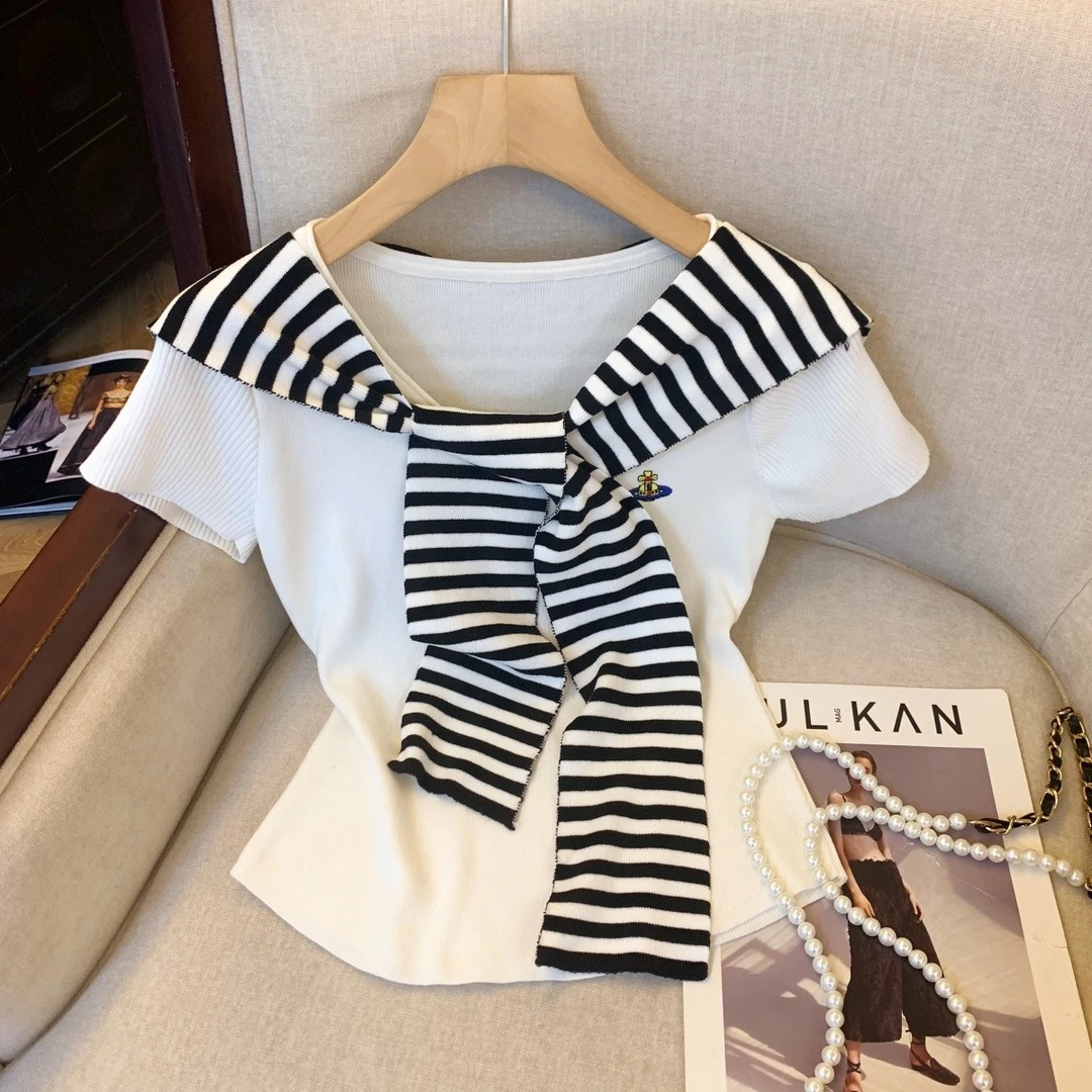 夏季新款小众刺绣设计感显瘦百搭上衣韩系学院风条纹披肩针织衫女