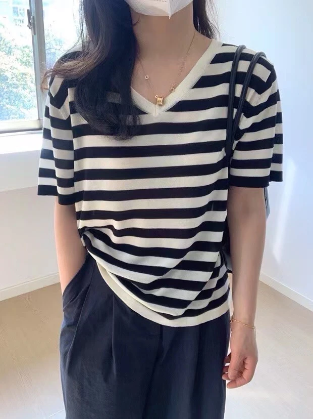 1277V领毛针织衫条纹针织T恤针织衫夏季设计感