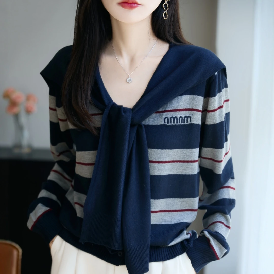 法式撞色条纹假两件披肩针织开衫女秋季设计感宽松显瘦打底衫上衣