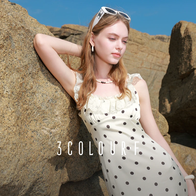 三彩独醒2025夏季新款波点连衣裙A字裙无袖长裙浪漫F
