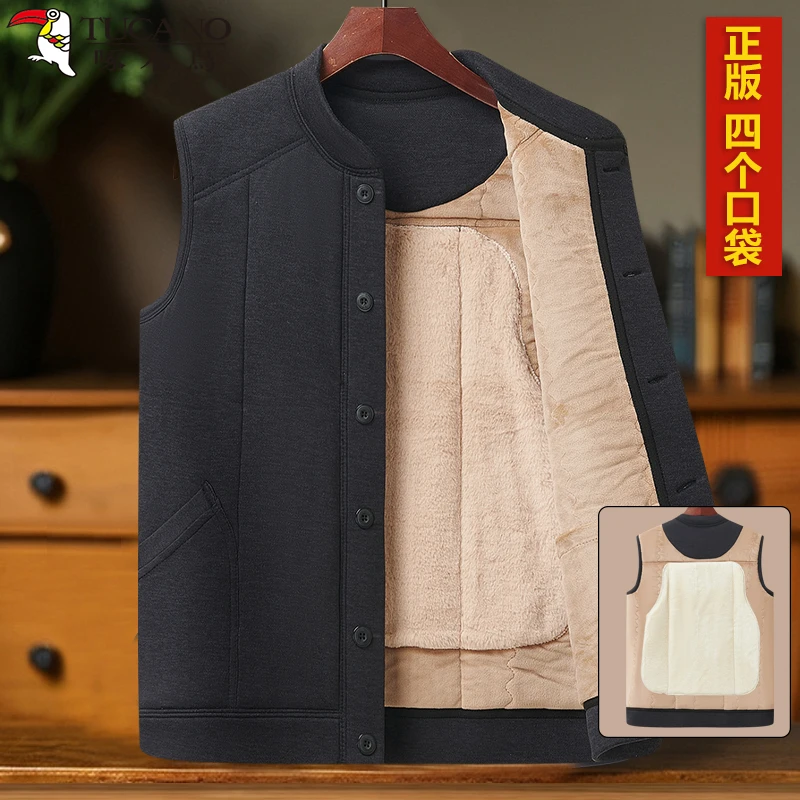 啄木鸟加绒加厚马甲男士新款中老年人冬季保暖背心外穿棉衣爸爸装