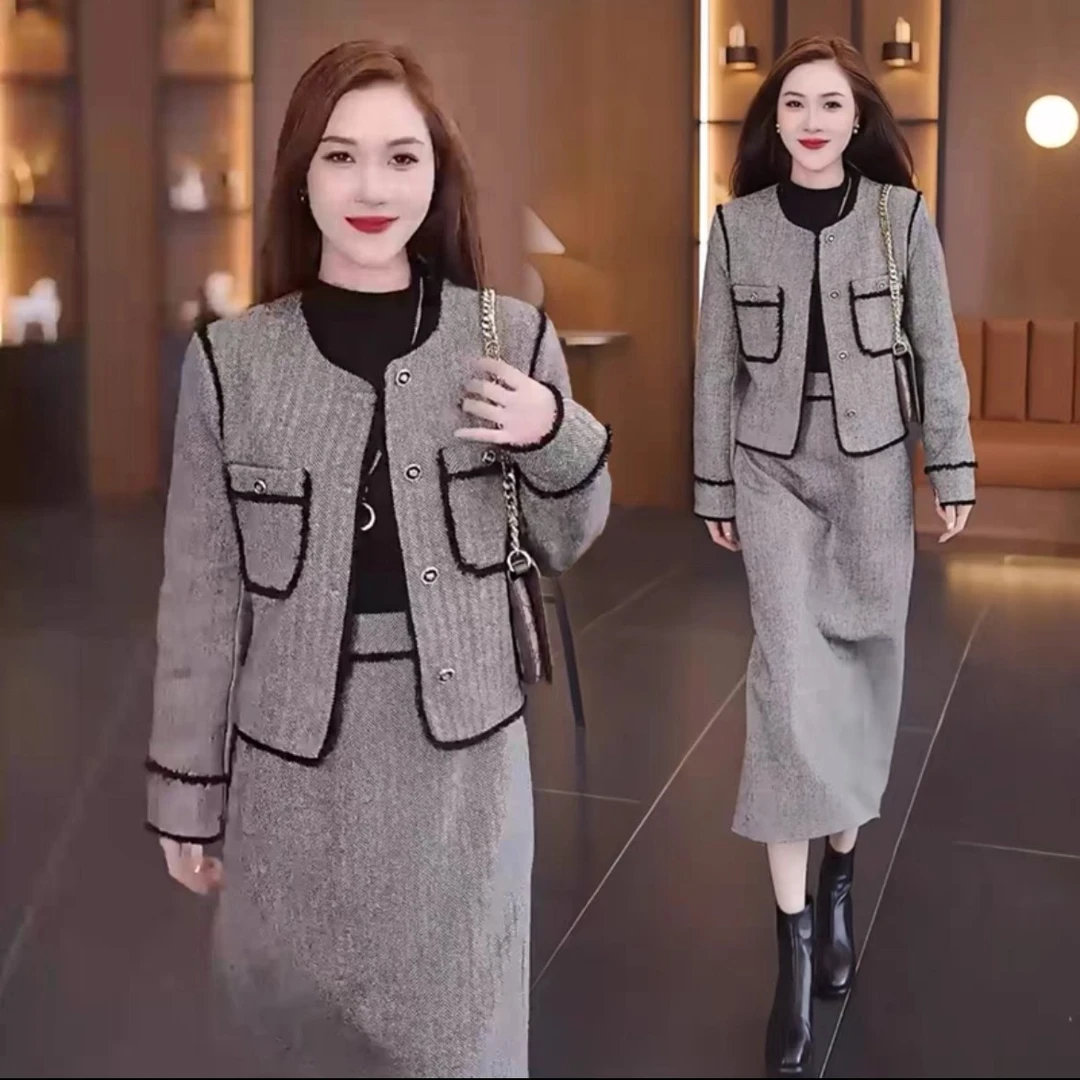 韩版时尚穿搭气质套装显瘦百搭短款外套+高腰半身裙两件套6385