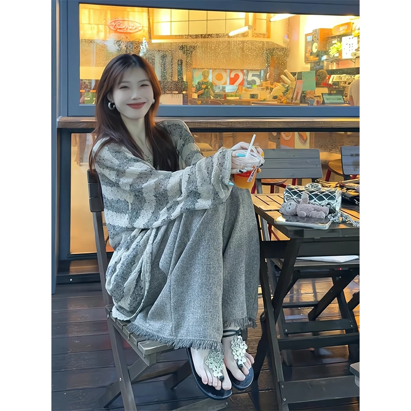 2025夏季防晒套装条纹罩衫宽松百搭长袖上衣女高腰休闲阔腿拖地裤