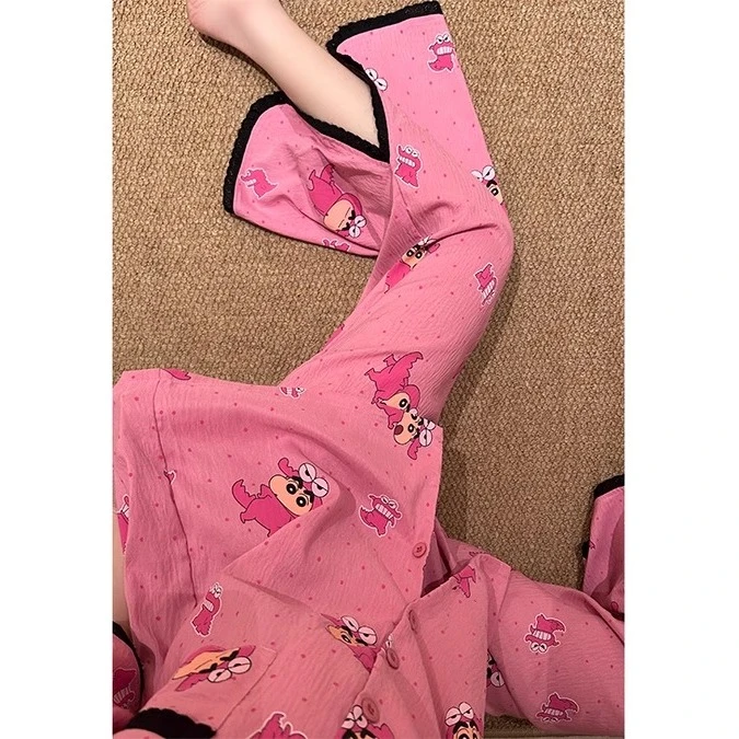 日系可爱蜡笔小新短袖睡衣女夏季新款大码亲肤开衫长裤家居服套装