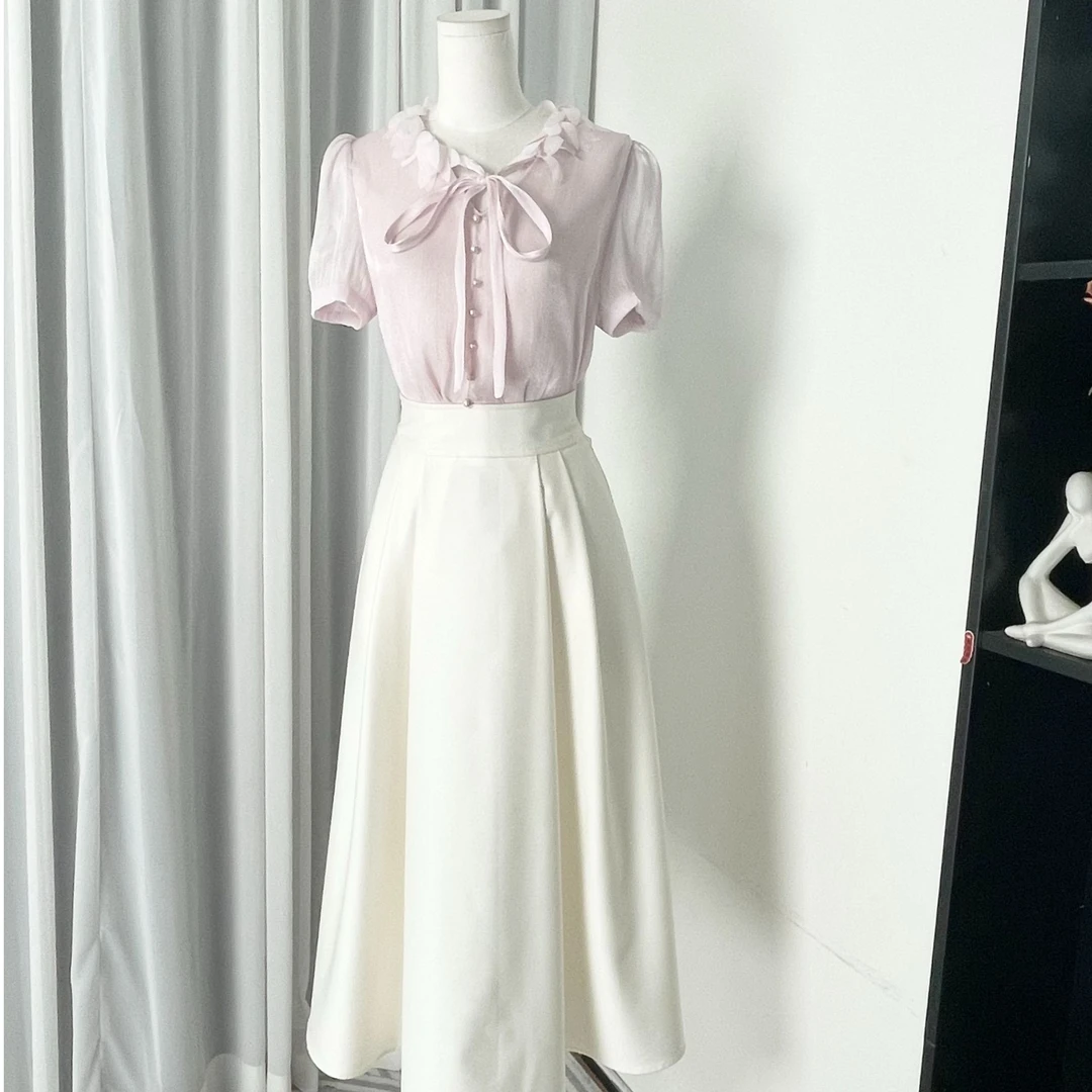 拉夏贝尔2025年夏季新款休闲百搭气质飞袖上衣+半身裙 15636 lxj