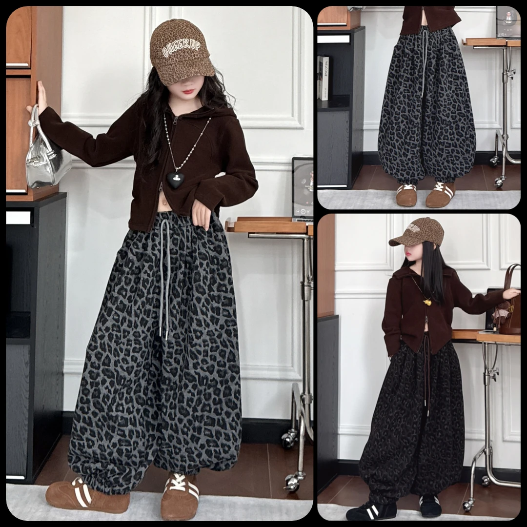 女童裤子秋冬款2025新款洋气8-12岁中大童休闲裤加绒豹纹灯笼裤