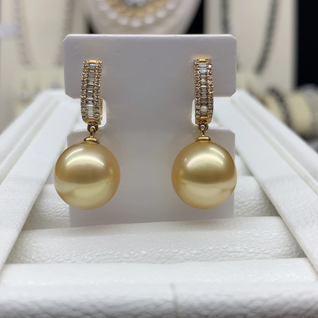 18K金镶嵌耳饰海水珍珠12.6mm金珠耳圈