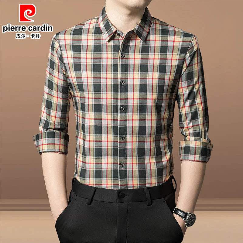 皮尔卡丹正品男士长袖衬衫2025新款格子时尚百搭高档春秋薄款衬衣
