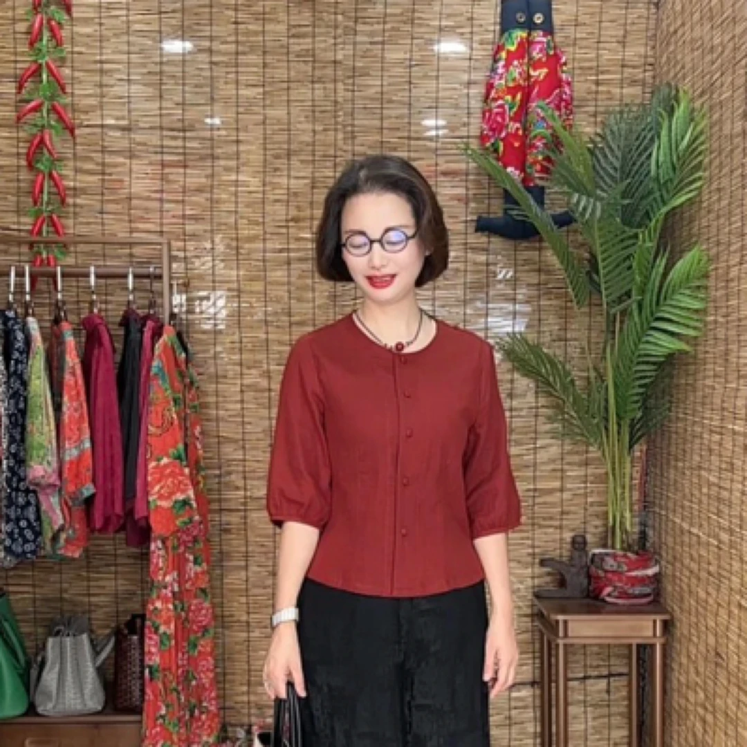 〈半夏3〉双层纱圆领宽松型开襟分袖纯色单件上衣女装百搭小衫2521