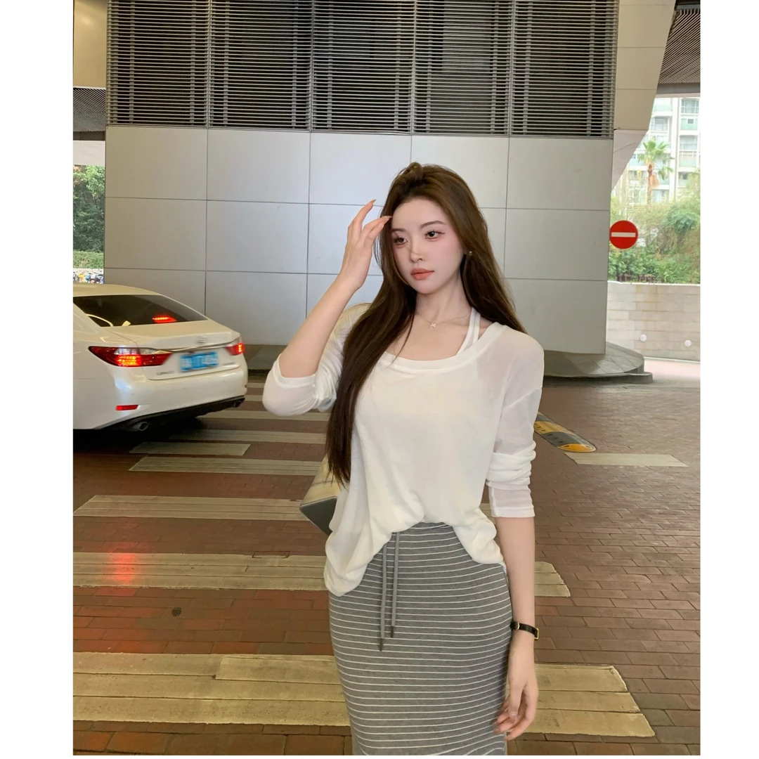 LZY【幻境仙风】夏季新款简约通勤休闲长袖T恤+内搭两件套A-1705