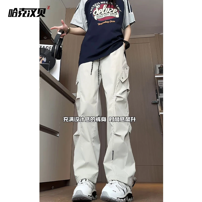 美式高街潮牌设计感压褶速干工装裤男女直筒休闲百搭大码宽松夏季