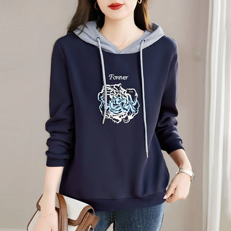 春季长袖卫衣女款2026新款正肩套头女士连帽上衣薄款宽松蓝色外套