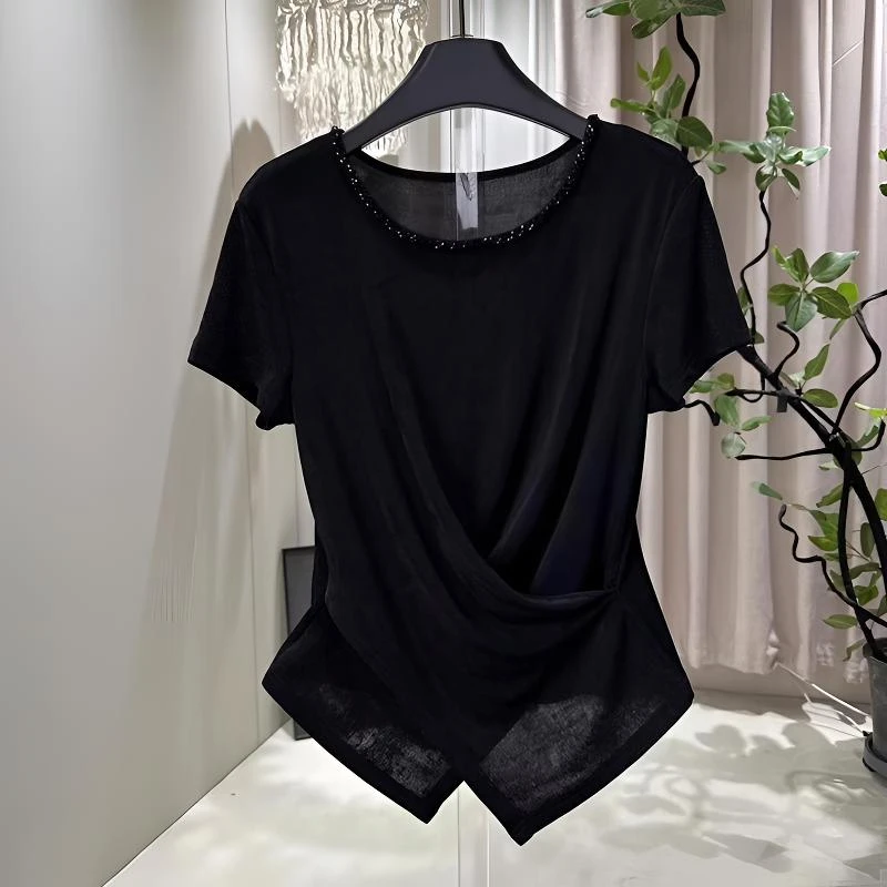 适合胖mm大码女装不规则黑色圆领短袖T恤夏季设计感收腰正肩上衣