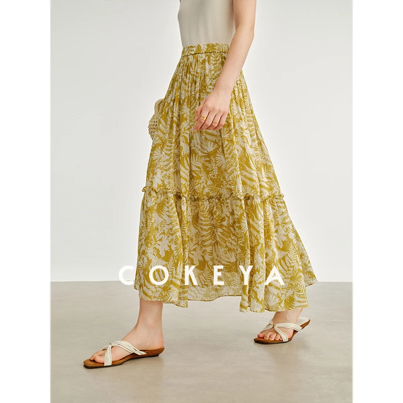 COKEYA/海滨假日~轻薄佰分佰苎麻纤维定制海岛花卉百褶半身裙