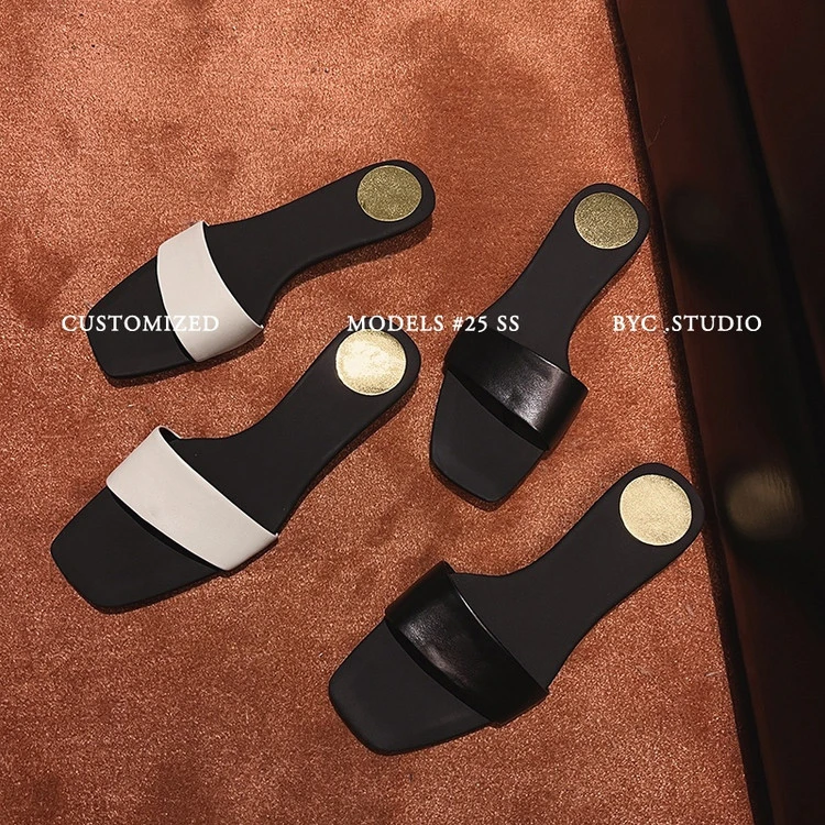 【米兰】头层牛皮2.5cm跟极简休闲百搭一字凉拖鞋女夏外穿低跟凉鞋