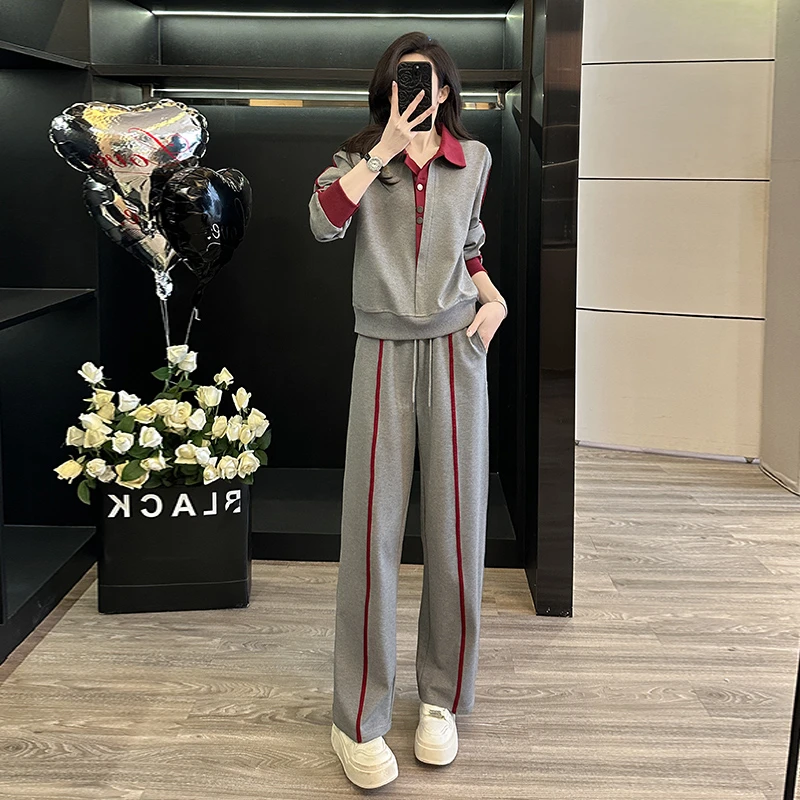 欧货高级感休闲运动套装女2025春季时髦显瘦撞色卫衣阔腿裤两件套