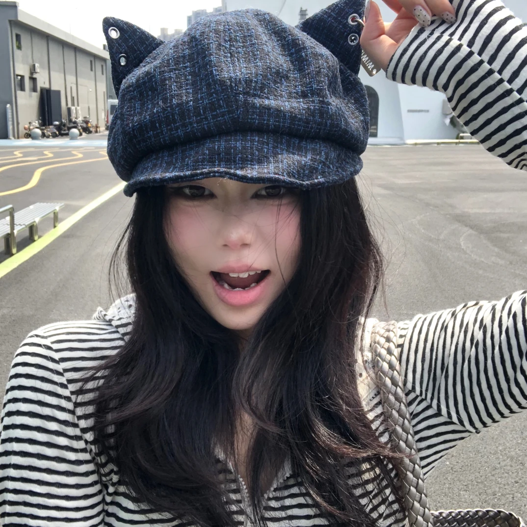新款韩版甜美可爱猫耳帽子女秋冬显脸小大头围百搭休闲贝雷帽搞怪