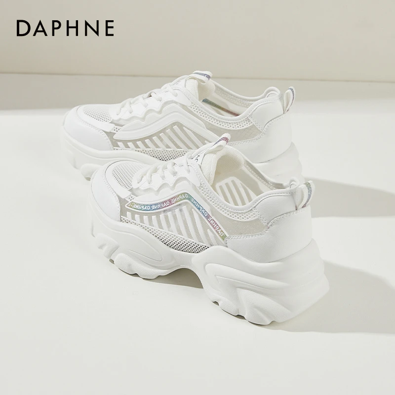 达芙妮网面透气老爹鞋女2024春夏季新款厚底增高小白鞋镂空运动鞋