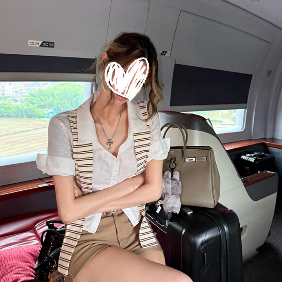 假两件辣妹老钱风短袖衬衫女条纹撞色薄款修身短衬衫上衣 9921#