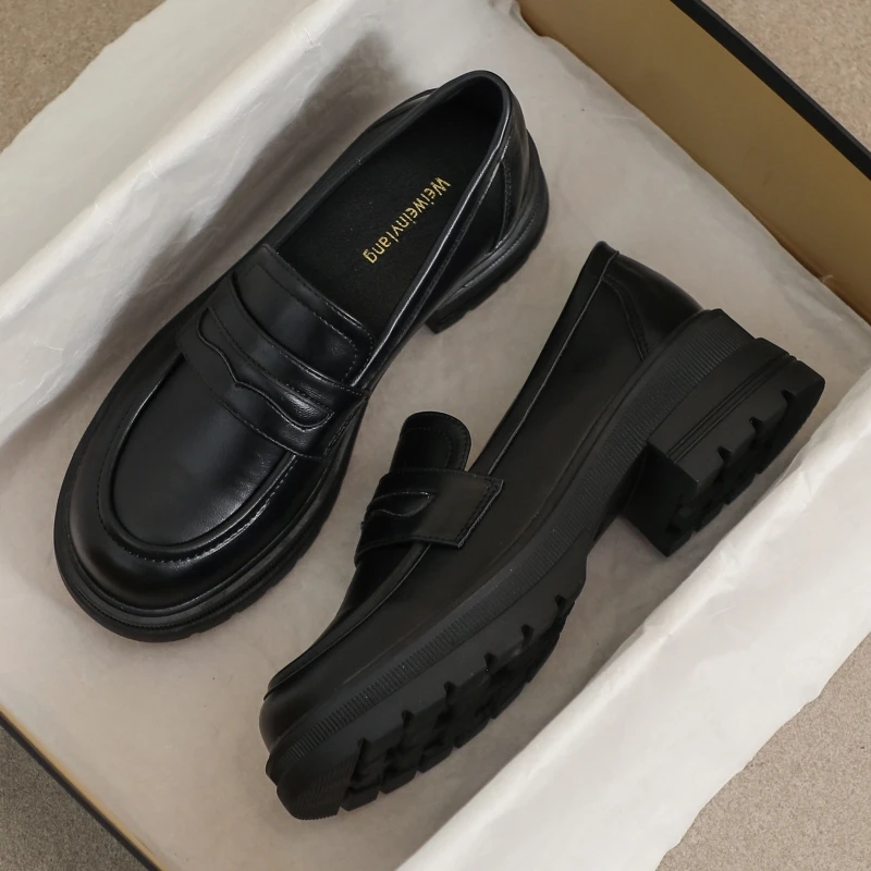 英伦风粗跟小皮鞋女2025新款夏季一脚蹬软底黑色jk制服厚底乐福鞋