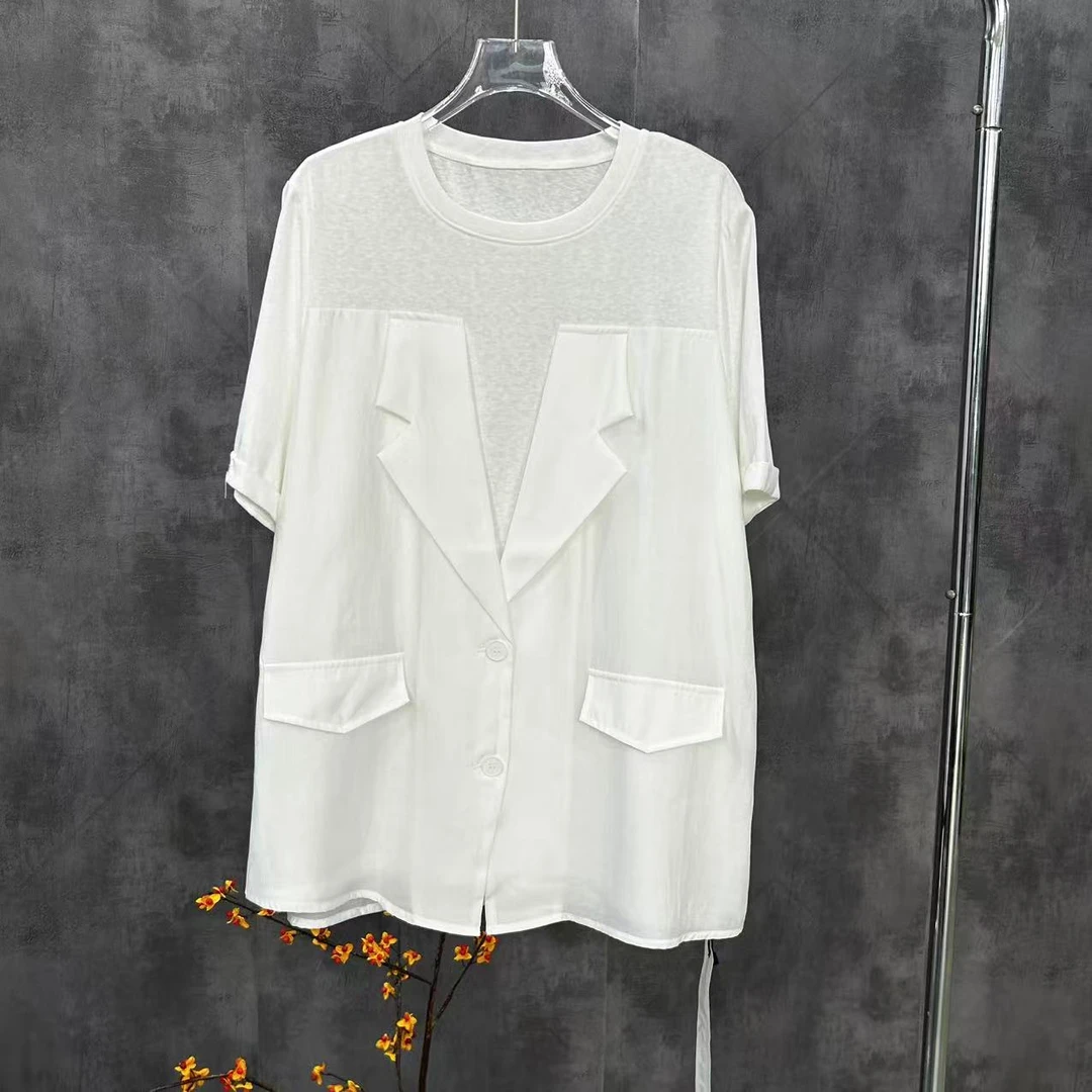 月月推荐 /637设计感西装拼接夏季新款大码宽松假两件小衫潮流
