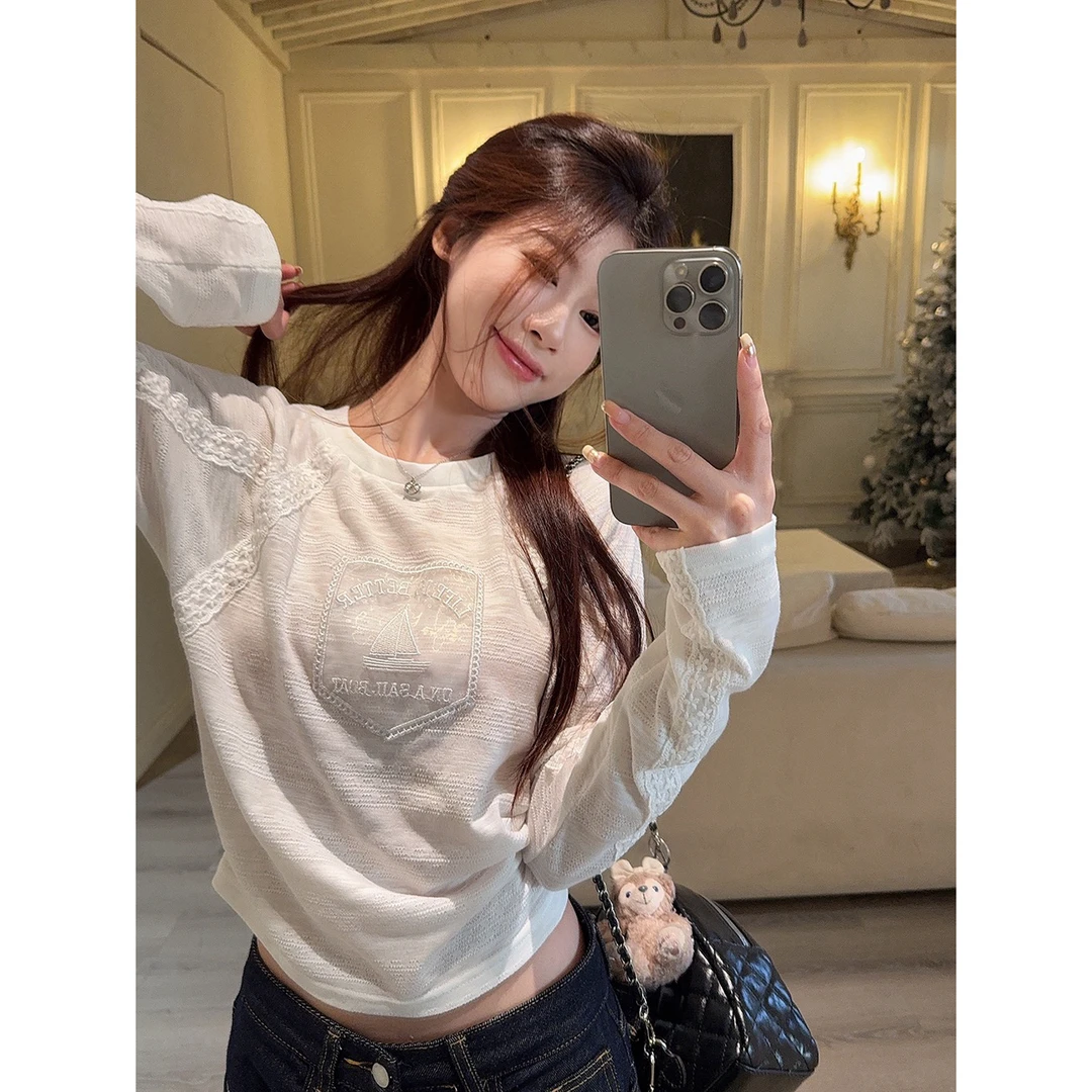 松弛感设计感拼接花边蕾丝白色长袖T恤女22771#